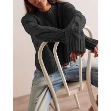 JEIBKOUY Women's Cable Knit Cropped Sweater Crewneck Long Sleeve Chunky Loose Fall Pullover Sweater Winter Outfits Black