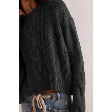 JEIBKOUY Women's Cable Knit Cropped Sweater Crewneck Long Sleeve Chunky Loose Fall Pullover Sweater Winter Outfits Black