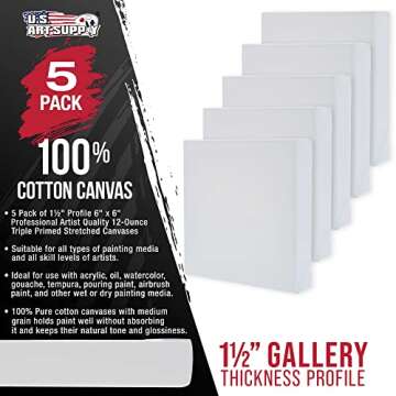 U.S. Art Supply Square Stretched Canvas for Painting 6x6 inch Gallery Depth 1-1/2" Thick, 5-Pack - 1...