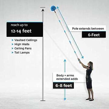 Duster, Cobweb Duster with Extension Pole, Medium Stiff Bristles Cobweb Duster Head & 6-Feet Stainless Steel Pole Ceiling Fan Duster for Outdoor Indoor Cleaning