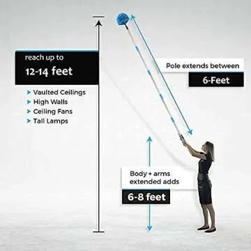 Duster, Cobweb Duster with Extension Pole, Medium Stiff Bristles Cobweb Duster Head & 6-Feet Stainless Steel Pole Ceiling Fan Duster for Outdoor Indoor Cleaning