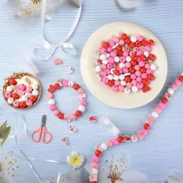 240 Pieces Valentine's Day Wood Beads Heart Sweet Wooden Beads Red White 16mm Craft Beads Rustic Natural Colored Bubblegum Charm Bead for Jewelry Making DIY Project Home Decor