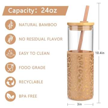 Tronco 24 oz Glass Tumbler with Straw and Lid - Glass Cup with Lid and Straw, Smoothie Cup, Iced Coffee Cup - Bamboo Lid and Protective Silicone Sleeve - BPA-Free