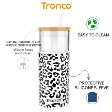 Tronco 24 oz Glass Tumbler with Straw and Lid - Glass Cup with Lid and Straw, Smoothie Cup, Iced Coffee Cup - Bamboo Lid and Protective Silicone Sleeve - BPA-Free