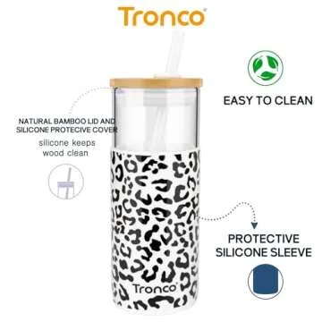 Tronco 24 oz Glass Tumbler with Straw and Lid - Glass Cup with Lid and Straw, Smoothie Cup, Iced Coffee Cup - Bamboo Lid and Protective Silicone Sleeve - BPA-Free