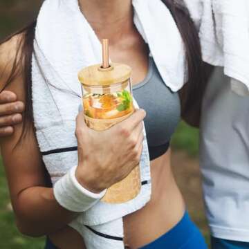 Tronco 24 oz Glass Tumbler with Straw and Lid - Glass Cup with Lid and Straw, Smoothie Cup, Iced Coffee Cup - Bamboo Lid and Protective Silicone Sleeve - BPA-Free