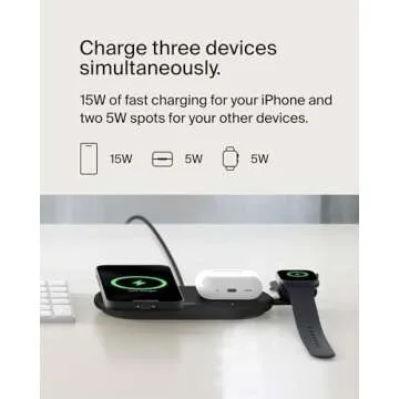 Belkin 3-in-1 MagSafe-Compatible Wireless Charging Pad with Qi2 15W - iPhone Charger - Fast Charging Wireless Charging Station for iPhone 16, 15, & 14 Series, AirPods, Apple Watch, & More - Black