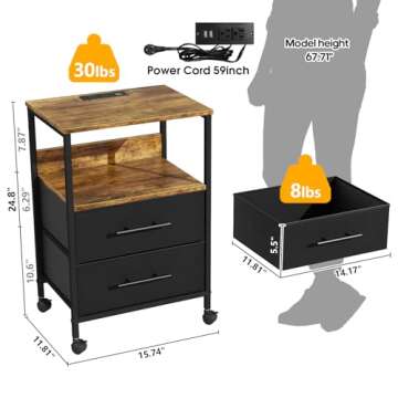 Nightstand with Charging Station, Bedside Table with Fabric Drawers, End Table with Pulleys, Side Ta...