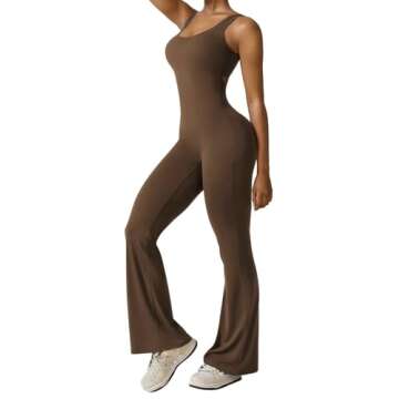 Vertvie Sleeveless Flare Jumpsuits for Women Sexy Backless Bodycon V Back Scrunch Butt Yoga Rompers Seamless Workout Bodysuit(Coffee,Small)