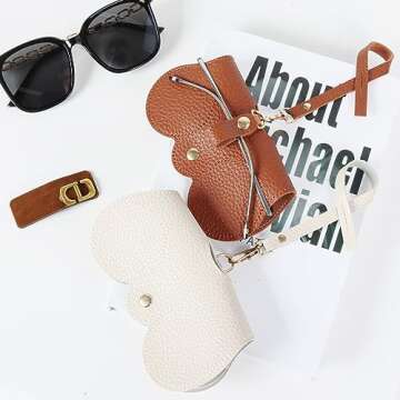 Soft Leather Sunglasses Bag, Portable Leather Glasses Case Holder Sunglasses Pouch with Wrist Strap,...