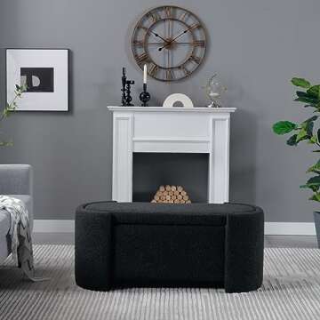 Deolme Storage Ottoman Bench- Modern Wooden Indoor Upholstered Storage Bench End of Bed Stool Sherpa Bench Bedside with Safety Hinge for Bedroom, Living Room Seating, Entryway (43 inch, Black)