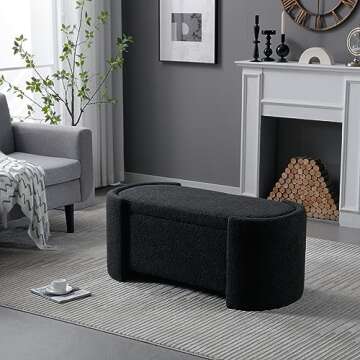 Deolme Storage Ottoman Bench- Modern Wooden Indoor Upholstered Storage Bench End of Bed Stool Sherpa Bench Bedside with Safety Hinge for Bedroom, Living Room Seating, Entryway (43 inch, Black)