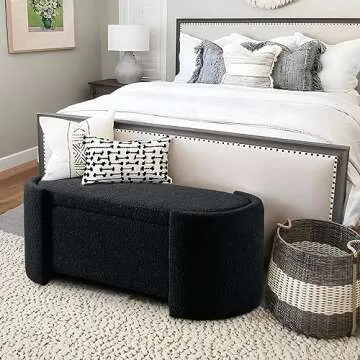 Deolme Storage Ottoman Bench- Modern Wooden Indoor Upholstered Storage Bench End of Bed Stool Sherpa Bench Bedside with Safety Hinge for Bedroom, Living Room Seating, Entryway (43 inch, Black)