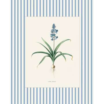 Striped Blue Floral Botanical Prints, Botanical Prints, Wall Art Prints, Vintage Wall Art, Vintage W...