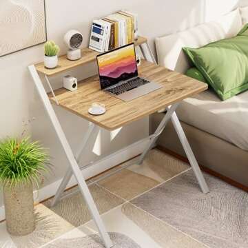 GreenForest Folding Desk No Assembly Required Small Size, 2-Tier Foldable Computer Desk with Shelf f...