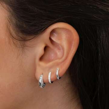 Poxtex Small Sterling Silver Hoop Huggie Earrings Set for Women, 3 Pairs of 8mm Hoop Earrings with Cubic Zirconia Stones, Hypoallergenic, Perfect for Multiple Piercings and Gifting