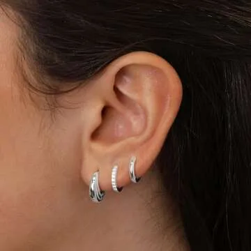 Poxtex Small Sterling Silver Hoop Huggie Earrings Set for Women, 3 Pairs of 8mm Hoop Earrings with Cubic Zirconia Stones, Hypoallergenic, Perfect for Multiple Piercings and Gifting