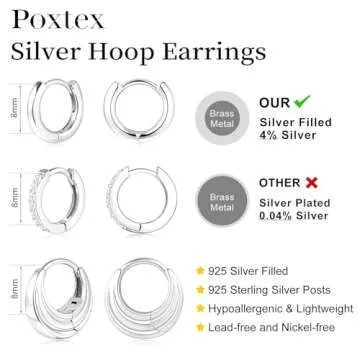 Poxtex Small Sterling Silver Hoop Huggie Earrings Set for Women, 3 Pairs of 8mm Hoop Earrings with Cubic Zirconia Stones, Hypoallergenic, Perfect for Multiple Piercings and Gifting