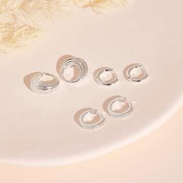 Poxtex Small Sterling Silver Hoop Huggie Earrings Set for Women, 3 Pairs of 8mm Hoop Earrings with Cubic Zirconia Stones, Hypoallergenic, Perfect for Multiple Piercings and Gifting