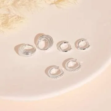 Poxtex Small Sterling Silver Hoop Huggie Earrings Set for Women, 3 Pairs of 8mm Hoop Earrings with Cubic Zirconia Stones, Hypoallergenic, Perfect for Multiple Piercings and Gifting