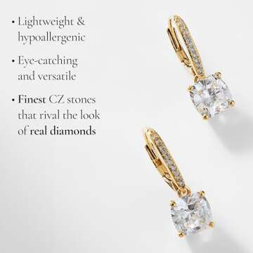 Nadri Leverback Earrings for Women - 18k-Gold-Plated Clip Earrings for Women - Cushion Cut Cubic Zirconia Stones - Hypoallergenic Jewelry - Christmas Gifts