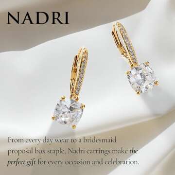 Nadri Leverback Earrings for Women - 18k-Gold-Plated Clip Earrings for Women - Cushion Cut Cubic Zirconia Stones - Hypoallergenic Jewelry - Christmas Gifts