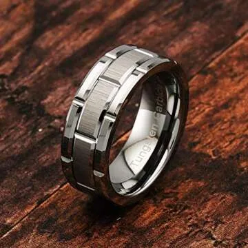 100S JEWELRY Tungsten Rings For Men Wedding Band Silver Brick Pattern Brushed Engagement Promise Siz...
