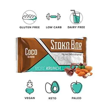 Stoka Coco Almond Keto Krunch Bar | All Natural- Low Carb Energy Bar | 4g Net Carbs | 9g Protein| Low Carb| High Protein | Keto Friendly | Packaging May Vary | 8 Bars