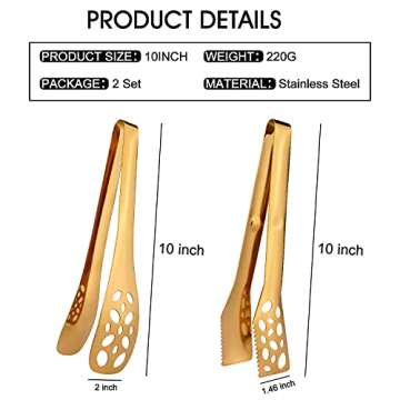 IAXSEE 2 Pack Kitchen Tongs for Cooking 10 Inch Stainless Steel Gold Salad Tongs BBQ Grill Tongs Heavy Duty Metal Tongs Heat Resistant Gold Serving Utensils (Gold)