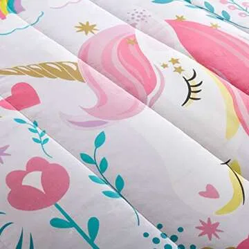 Heritage Kids Kids and Toddler Ultra-Soft Magical Unicorn and Rainbow Easy-Wash Microfiber Comforter Bed Set, Twin, Light Pink