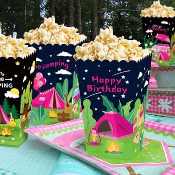 LaVenty 12 PCS Pink Camping Party Supplies Glamping Party Popcorn Boxes Glamping Party Favor Bags Boxes Girl Camping Party Decorations Glamping Party Decorations Supplies