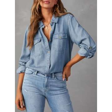 Astylish Womens Denim Work Shirt Long Sleeve Tops V Neck Collared Western Button Down Denim Blouses ...