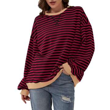 TERIVEEK Women Oversized Striped Color Block Long Sleeve Crew Neck Sweatshirt Casual Loose Pullover Y2K Shirt Top Burgundy