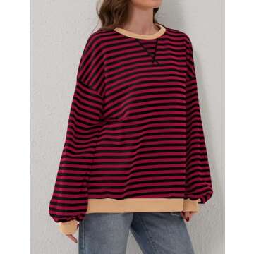 TERIVEEK Women Oversized Striped Color Block Long Sleeve Crew Neck Sweatshirt Casual Loose Pullover Y2K Shirt Top Burgundy