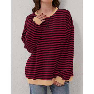 TERIVEEK Women Oversized Striped Color Block Long Sleeve Crew Neck Sweatshirt Casual Loose Pullover Y2K Shirt Top Burgundy
