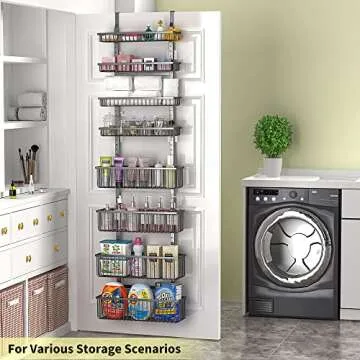 Moforoco Over The Door Pantry Organizer, Pantry Door Organizer Shelves, Kitchen Organizers and Storage, Hanging Basket Wall Spice Rack Seasoning Shelves, Laundry Room Bathroom accessories（Black