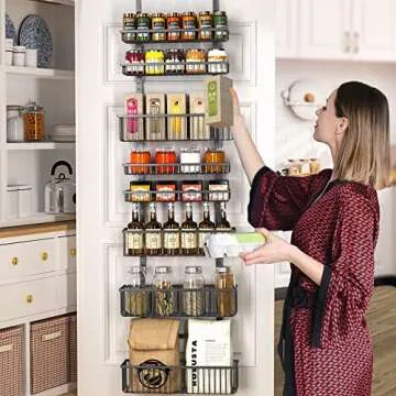 Moforoco Over The Door Pantry Organizer, Pantry Door Organizer Shelves, Kitchen Organizers and Storage, Hanging Basket Wall Spice Rack Seasoning Shelves, Laundry Room Bathroom accessories（Black