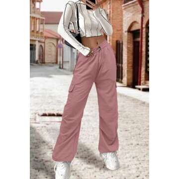 JZC Parachute Pants for Women, Cargo Pants Low Waist Y2K Pants Relaxed Jogger Wide Leg Baggy Pant Dust Pink L