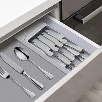 Utensil Drawer Organizer, Expandable Compact Flatware Organizer for Kitchen Drawers,Cutlery Spoon Knives ,Fork and Silverware Partition Storage Cutlery Storage box,1-PACK (Gray)