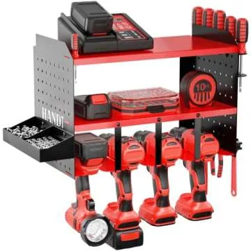 HANDT Power Tool Organizer, Wall Mount Drill Holder Garage Storage Rack, Pegboard Screwdriver Holder with Magnet Bar & Organization Bin, Cordless Drill Battery Charging Station Utility Shelf, Red