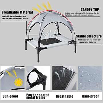 BUZZYFUZZY Elevated Pet Cot with Canopy,Cooling Outdoor Dog Bed,Raised Breathable Mesh Portable Shade for Camping Beach with Carrying Bag (Medium), Medium (Pack of 1)