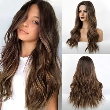 EMMOR Long Brown Lace Front Wig for Women, 25 Inch Natural Hair Wavy Synthetic Wigs Middle Part Dail...