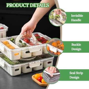 shopwithgreen Salad Bar Containers for Fridge with Lid and Handle, Fruit Storage Containers with 4 Removable Colanders, Berry Box Fresh Produce Saver for Fruit, Veggie, Refrigerator, Kitchen, Picnic