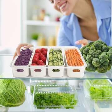 shopwithgreen Salad Bar Containers for Fridge with Lid and Handle, Fruit Storage Containers with 4 Removable Colanders, Berry Box Fresh Produce Saver for Fruit, Veggie, Refrigerator, Kitchen, Picnic