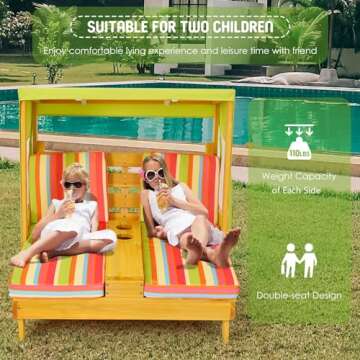 Costzon Kids Lounge Chair Outdoor, Wood Double Seat Chaise Lounge with Canopy, Cup Holders, Cushion,...