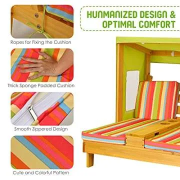 Costzon Kids Lounge Chair Outdoor, Wood Double Seat Chaise Lounge with Canopy, Cup Holders, Cushion, Backrest Recliner, Kids Patio Furniture, Gift for Boys Girls 3-8 Years Old