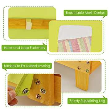 Costzon Kids Lounge Chair Outdoor, Wood Double Seat Chaise Lounge with Canopy, Cup Holders, Cushion, Backrest Recliner, Kids Patio Furniture, Gift for Boys Girls 3-8 Years Old