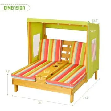 Costzon Kids Lounge Chair Outdoor, Wood Double Seat Chaise Lounge with Canopy, Cup Holders, Cushion, Backrest Recliner, Kids Patio Furniture, Gift for Boys Girls 3-8 Years Old
