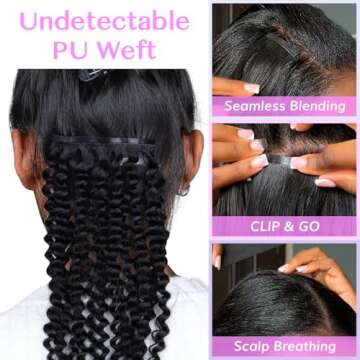 IDN BEAUTY Seamless Clip In Hair Extensions Human Hair, Kinky Curly 20 Inch 110g 7pcs Natural Black ...