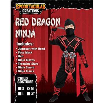 Spooktacular Creations Halloween Ninja Costume Kids, Black Red Ninja Dragon Jumpsuit Set, Boys Hallo...